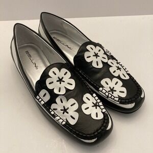 New Bellini Adele Loafers Womens 8.5 M Leather Black White Flowers Flats